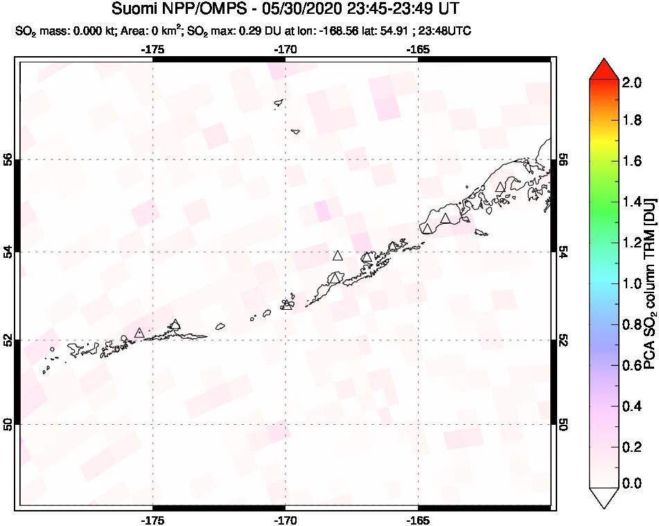 A sulfur dioxide image over Aleutian Islands, Alaska, USA on May 30, 2020.