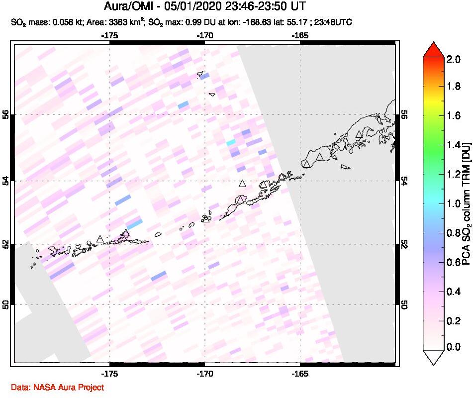 A sulfur dioxide image over Aleutian Islands, Alaska, USA on May 01, 2020.