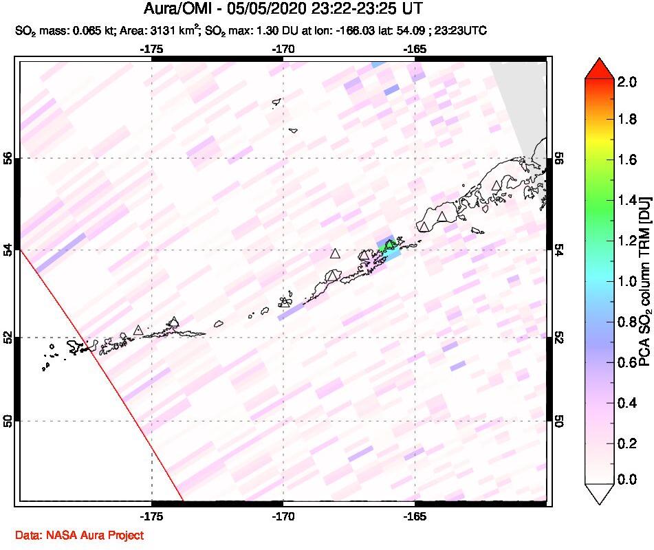 A sulfur dioxide image over Aleutian Islands, Alaska, USA on May 05, 2020.