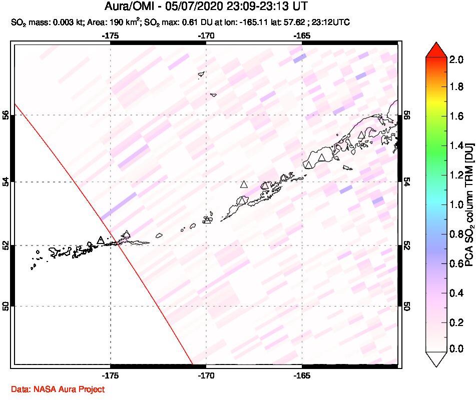 A sulfur dioxide image over Aleutian Islands, Alaska, USA on May 07, 2020.