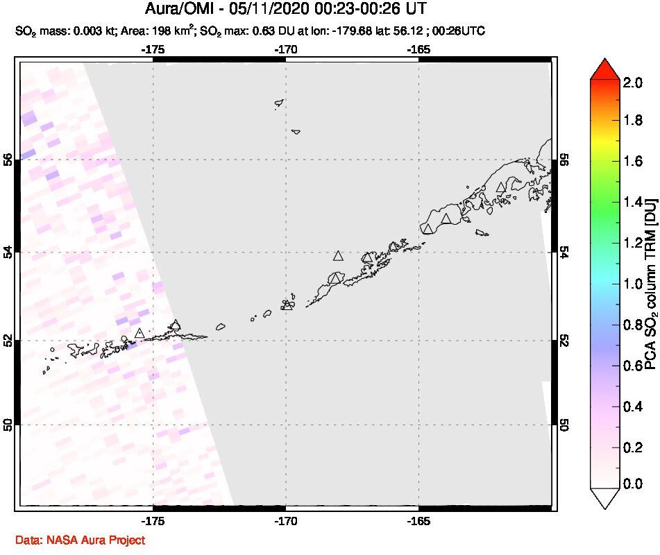 A sulfur dioxide image over Aleutian Islands, Alaska, USA on May 11, 2020.