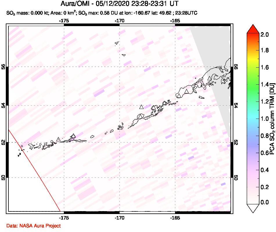A sulfur dioxide image over Aleutian Islands, Alaska, USA on May 12, 2020.