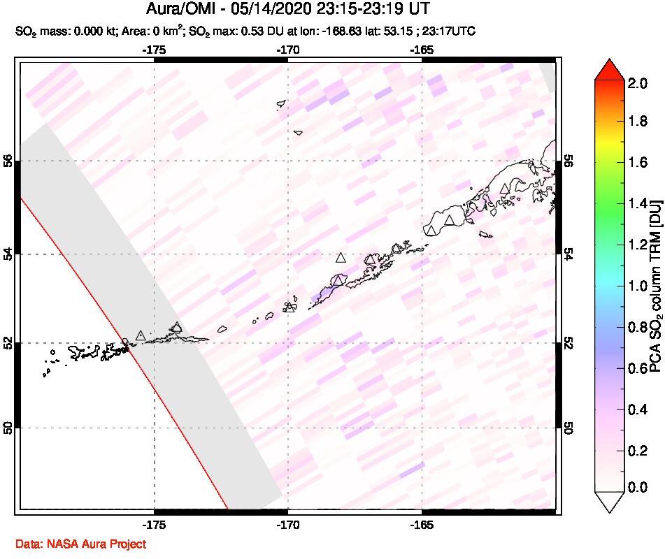 A sulfur dioxide image over Aleutian Islands, Alaska, USA on May 14, 2020.