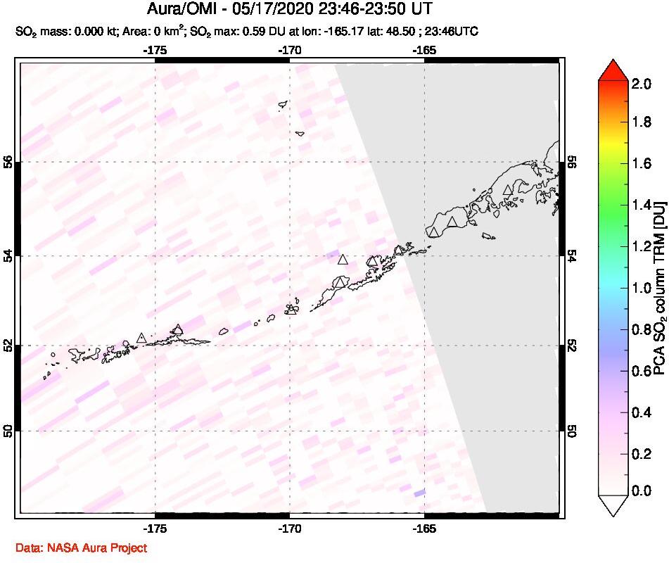 A sulfur dioxide image over Aleutian Islands, Alaska, USA on May 17, 2020.