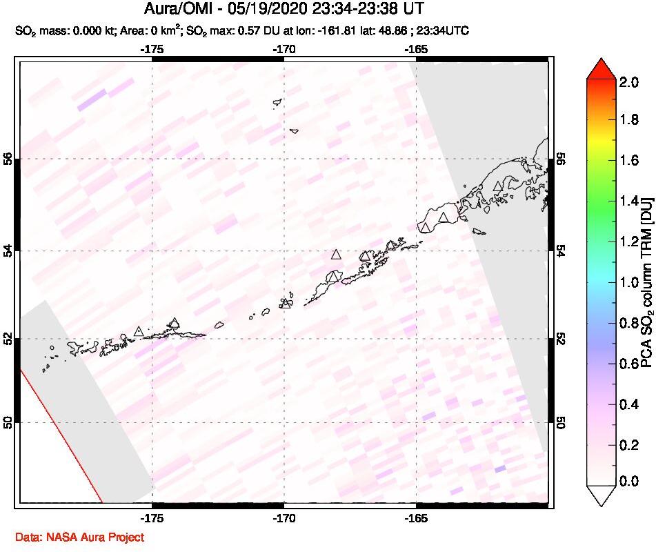 A sulfur dioxide image over Aleutian Islands, Alaska, USA on May 19, 2020.