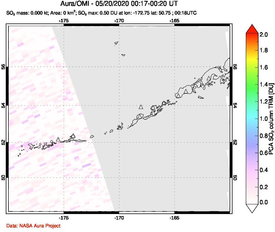 A sulfur dioxide image over Aleutian Islands, Alaska, USA on May 20, 2020.