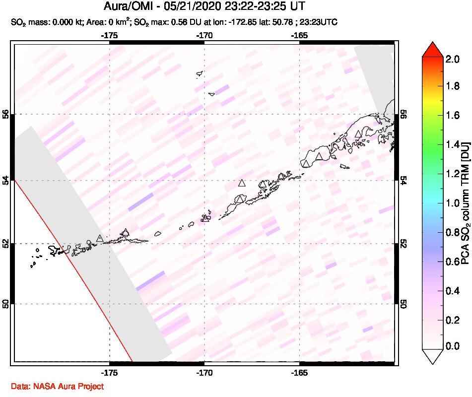 A sulfur dioxide image over Aleutian Islands, Alaska, USA on May 21, 2020.
