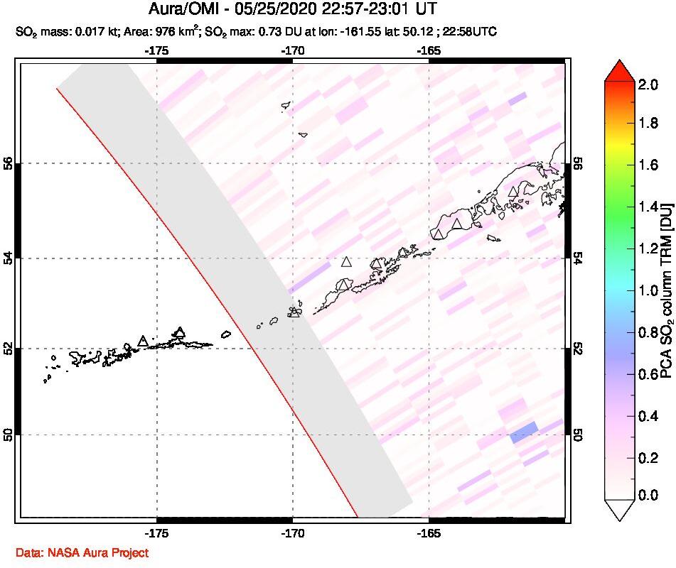 A sulfur dioxide image over Aleutian Islands, Alaska, USA on May 25, 2020.