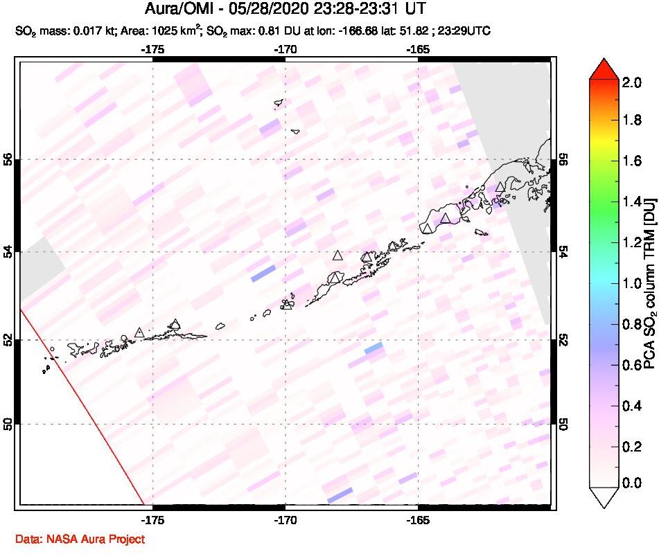 A sulfur dioxide image over Aleutian Islands, Alaska, USA on May 28, 2020.
