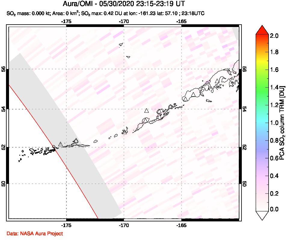 A sulfur dioxide image over Aleutian Islands, Alaska, USA on May 30, 2020.