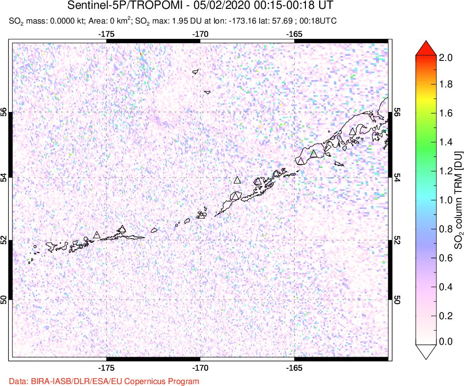 A sulfur dioxide image over Aleutian Islands, Alaska, USA on May 02, 2020.