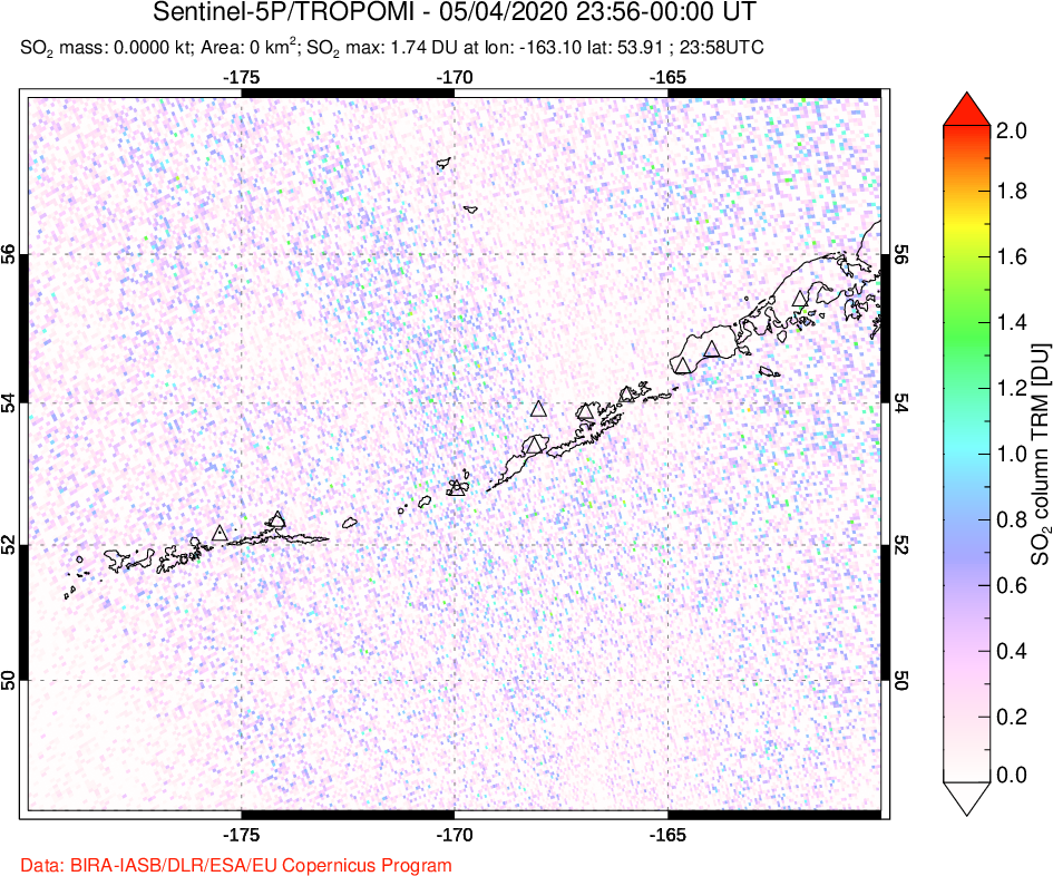 A sulfur dioxide image over Aleutian Islands, Alaska, USA on May 04, 2020.