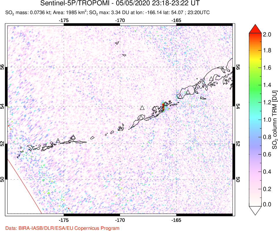 A sulfur dioxide image over Aleutian Islands, Alaska, USA on May 05, 2020.