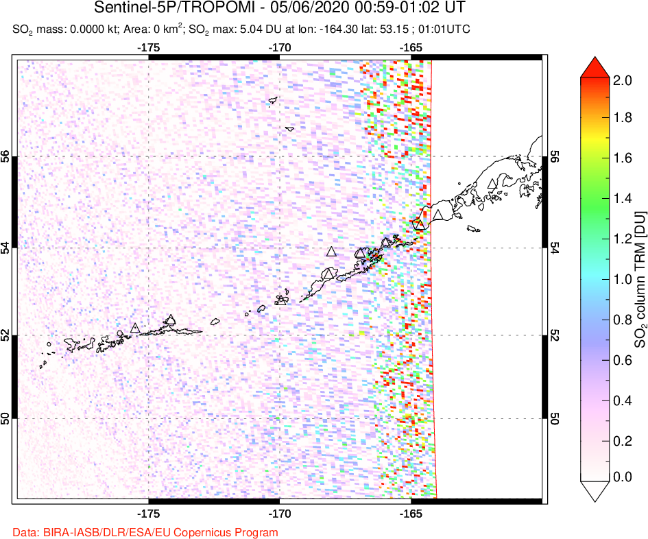 A sulfur dioxide image over Aleutian Islands, Alaska, USA on May 06, 2020.