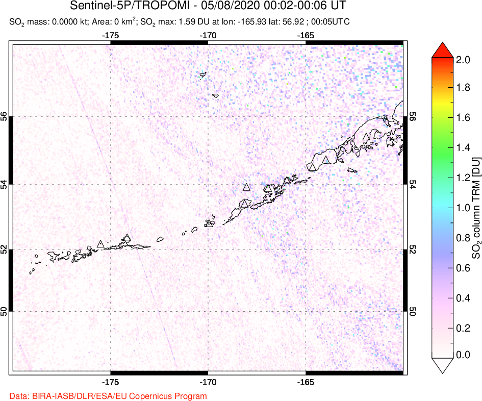A sulfur dioxide image over Aleutian Islands, Alaska, USA on May 08, 2020.