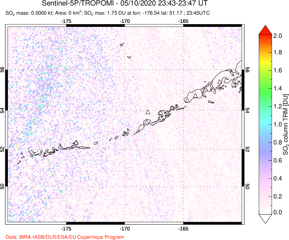A sulfur dioxide image over Aleutian Islands, Alaska, USA on May 10, 2020.