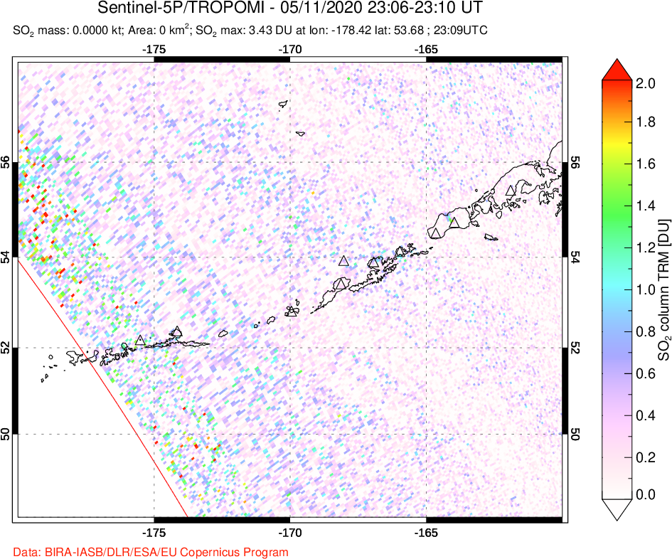 A sulfur dioxide image over Aleutian Islands, Alaska, USA on May 11, 2020.