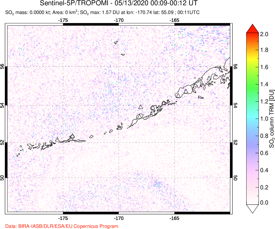 A sulfur dioxide image over Aleutian Islands, Alaska, USA on May 13, 2020.