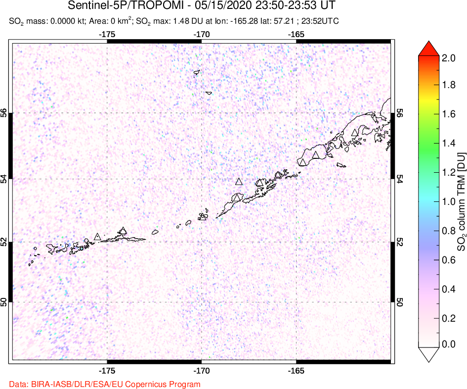 A sulfur dioxide image over Aleutian Islands, Alaska, USA on May 15, 2020.