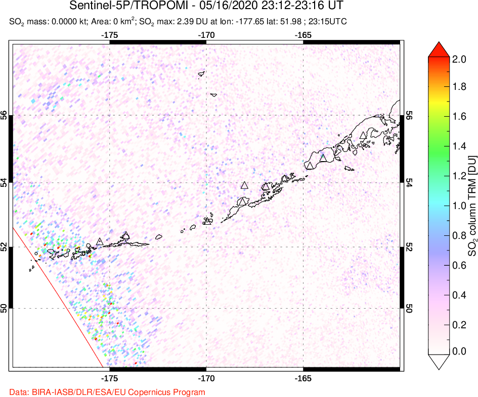 A sulfur dioxide image over Aleutian Islands, Alaska, USA on May 16, 2020.