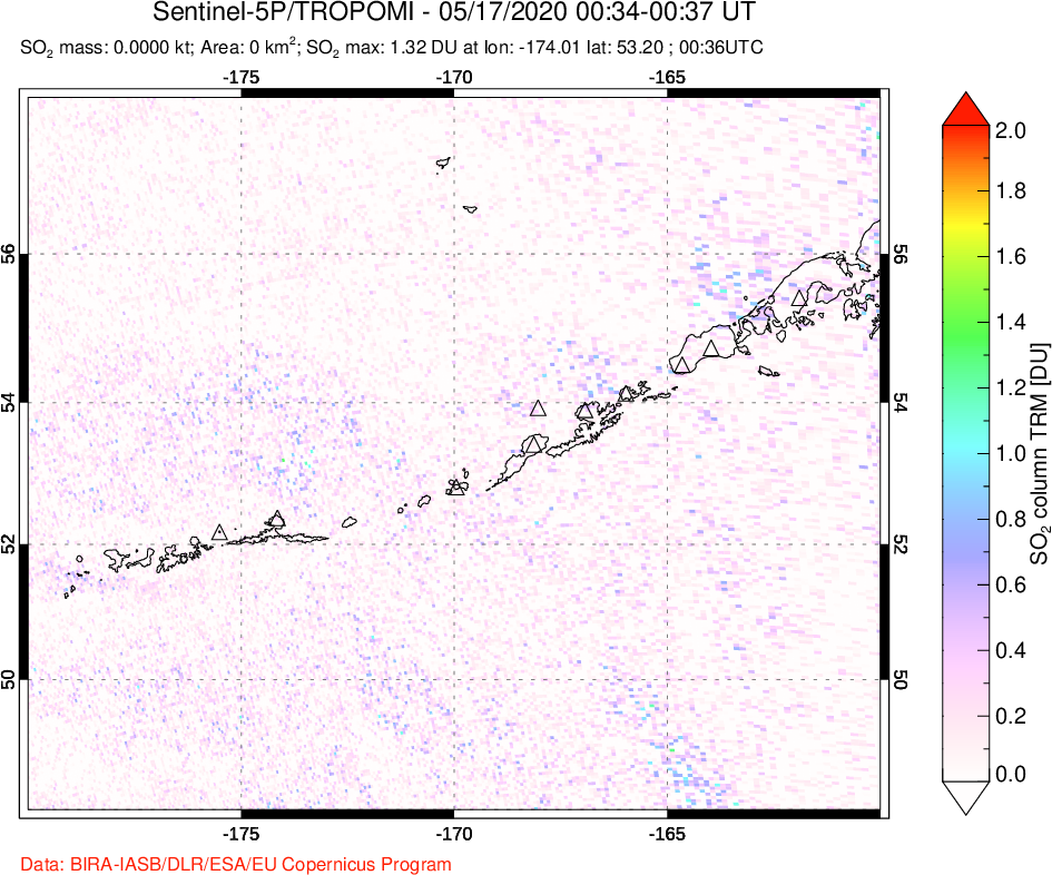 A sulfur dioxide image over Aleutian Islands, Alaska, USA on May 17, 2020.