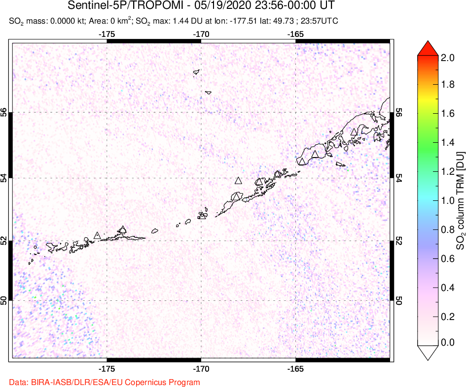 A sulfur dioxide image over Aleutian Islands, Alaska, USA on May 19, 2020.