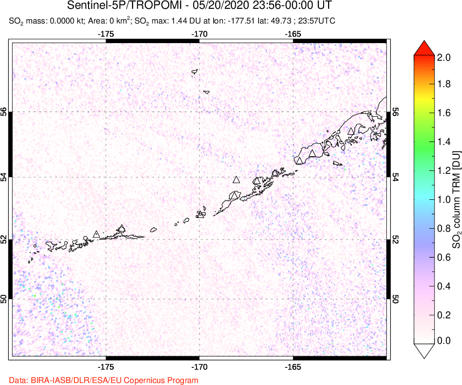 A sulfur dioxide image over Aleutian Islands, Alaska, USA on May 20, 2020.