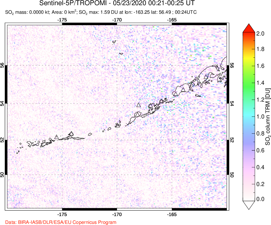 A sulfur dioxide image over Aleutian Islands, Alaska, USA on May 23, 2020.