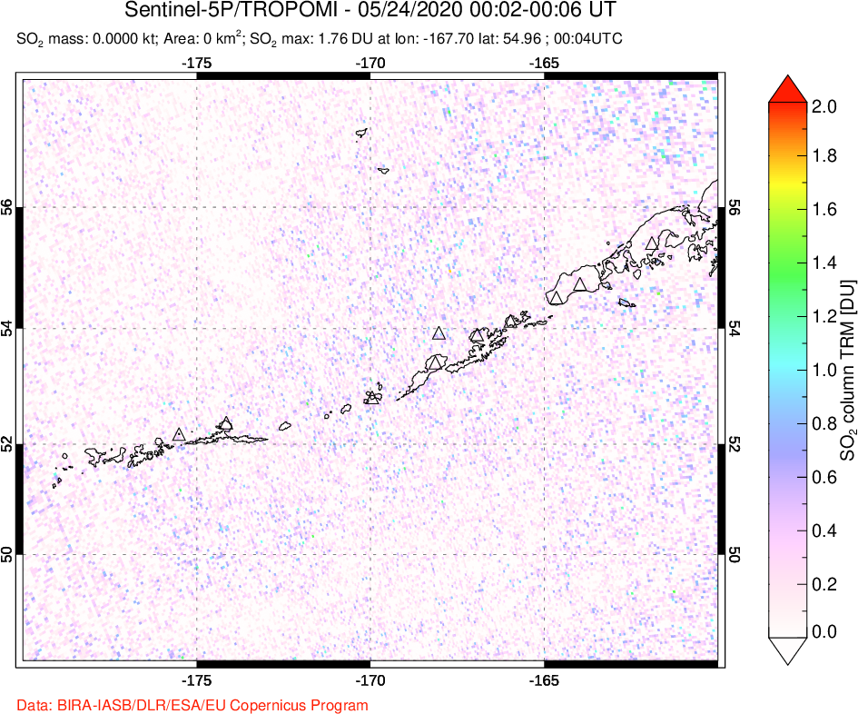 A sulfur dioxide image over Aleutian Islands, Alaska, USA on May 24, 2020.