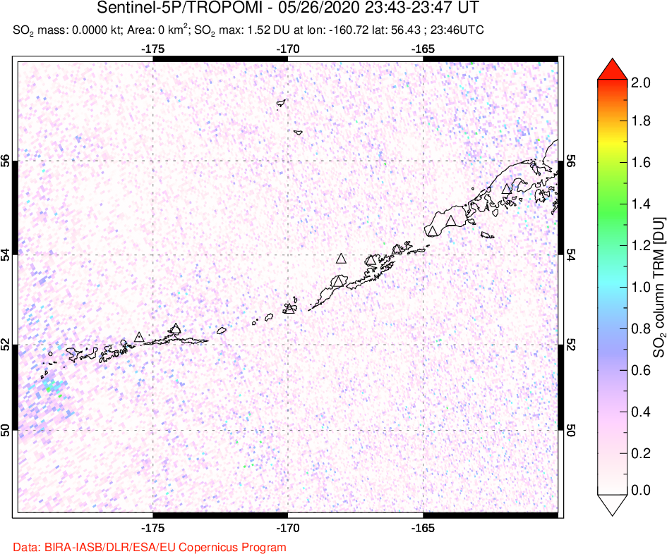 A sulfur dioxide image over Aleutian Islands, Alaska, USA on May 26, 2020.