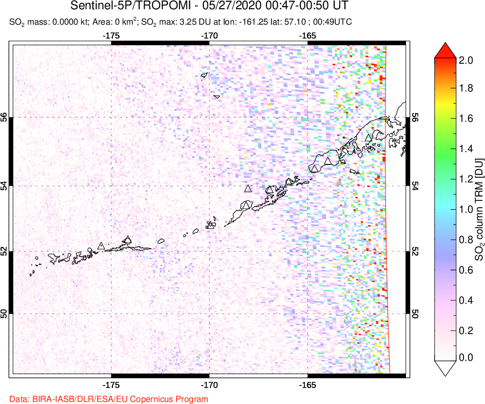 A sulfur dioxide image over Aleutian Islands, Alaska, USA on May 27, 2020.
