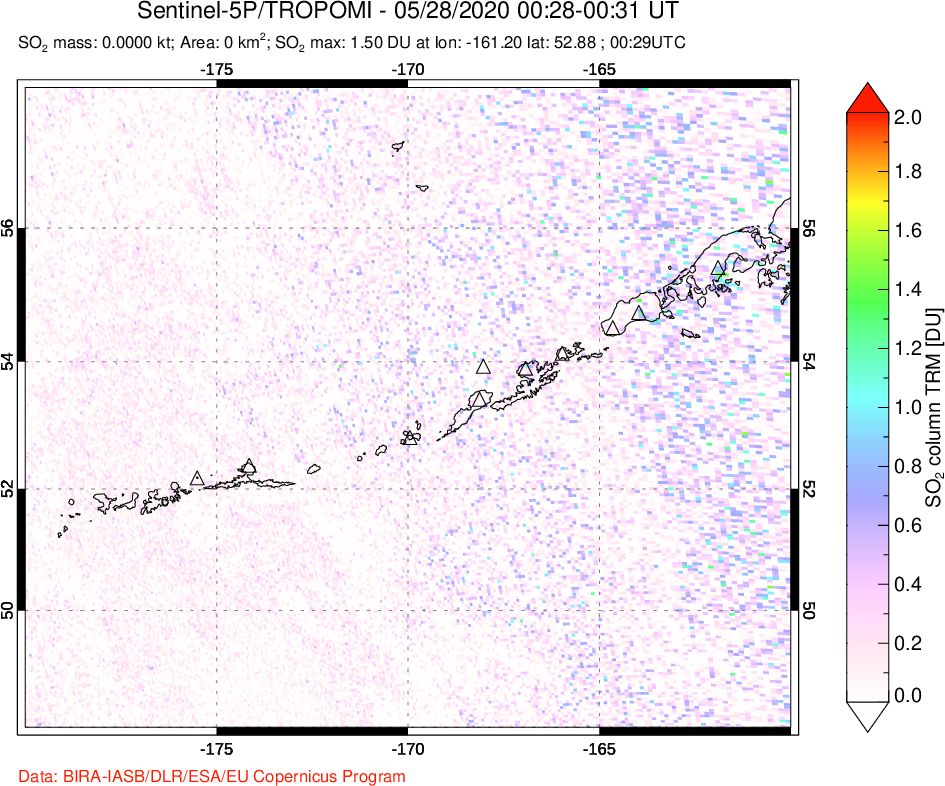 A sulfur dioxide image over Aleutian Islands, Alaska, USA on May 28, 2020.