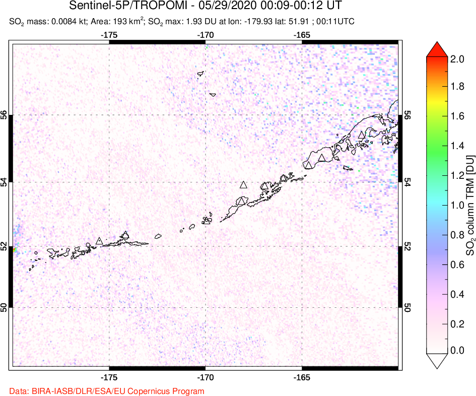 A sulfur dioxide image over Aleutian Islands, Alaska, USA on May 29, 2020.