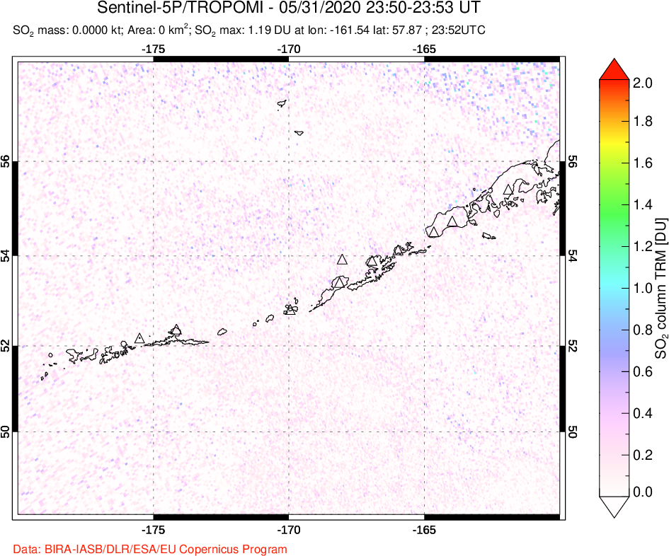 A sulfur dioxide image over Aleutian Islands, Alaska, USA on May 31, 2020.