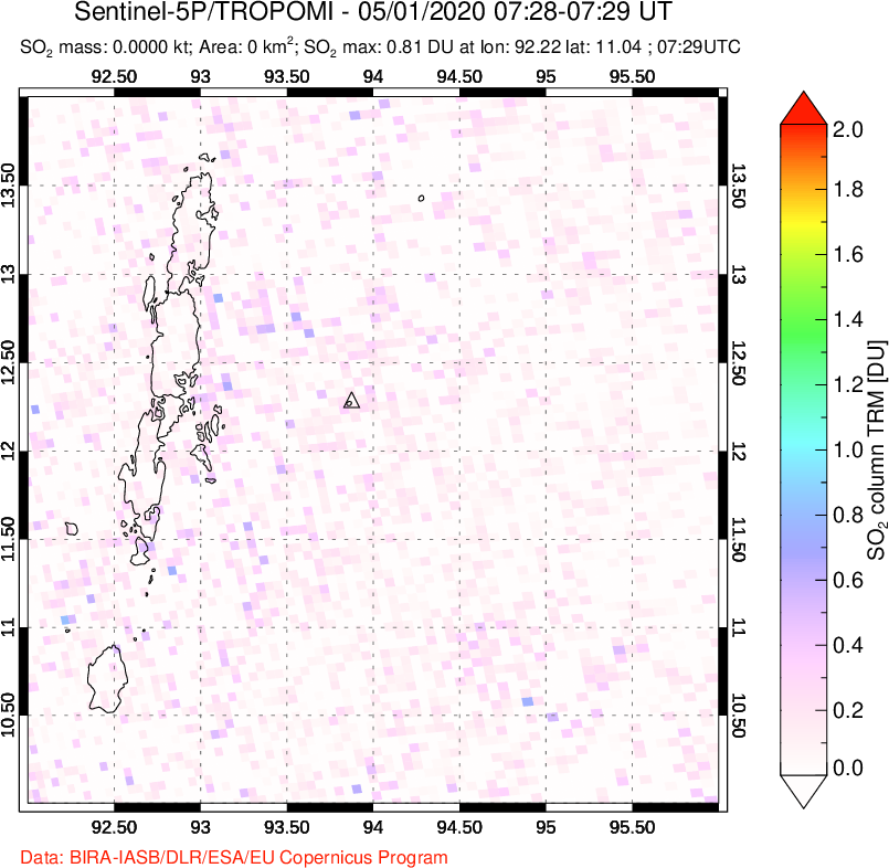 A sulfur dioxide image over Andaman Islands, Indian Ocean on May 01, 2020.