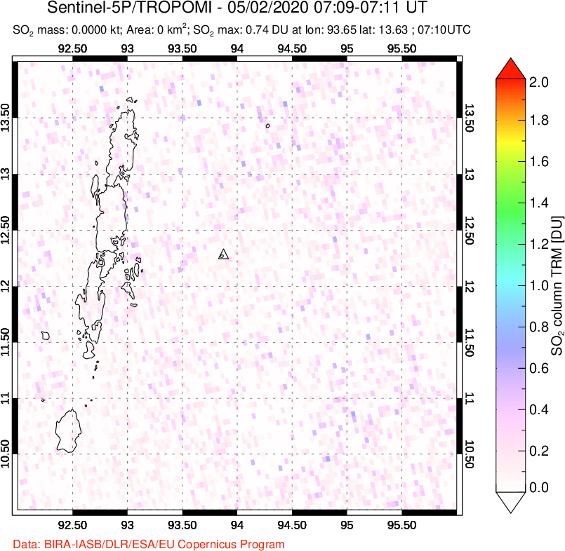 A sulfur dioxide image over Andaman Islands, Indian Ocean on May 02, 2020.