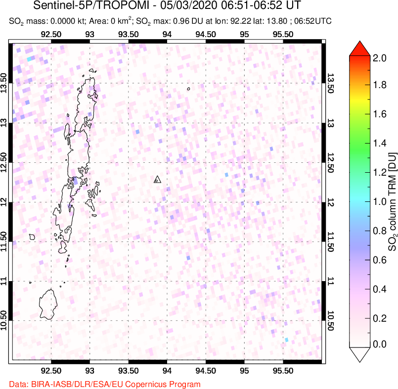 A sulfur dioxide image over Andaman Islands, Indian Ocean on May 03, 2020.