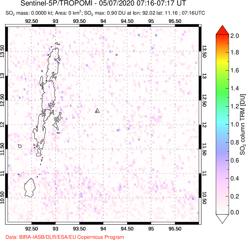 A sulfur dioxide image over Andaman Islands, Indian Ocean on May 07, 2020.