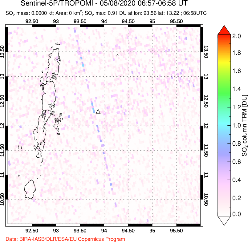 A sulfur dioxide image over Andaman Islands, Indian Ocean on May 08, 2020.