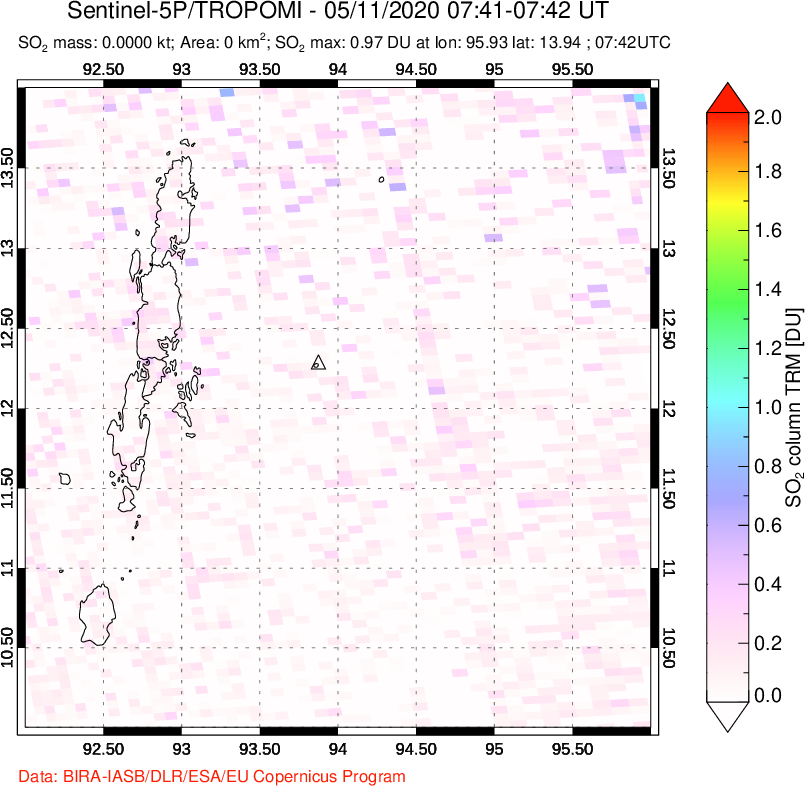 A sulfur dioxide image over Andaman Islands, Indian Ocean on May 11, 2020.