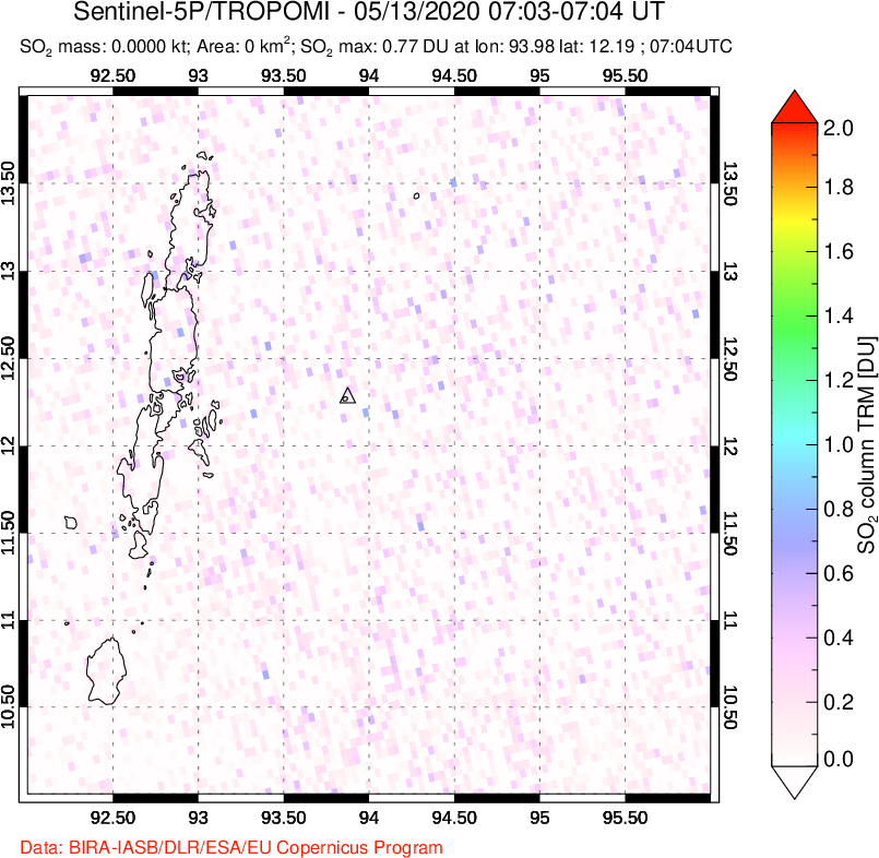 A sulfur dioxide image over Andaman Islands, Indian Ocean on May 13, 2020.