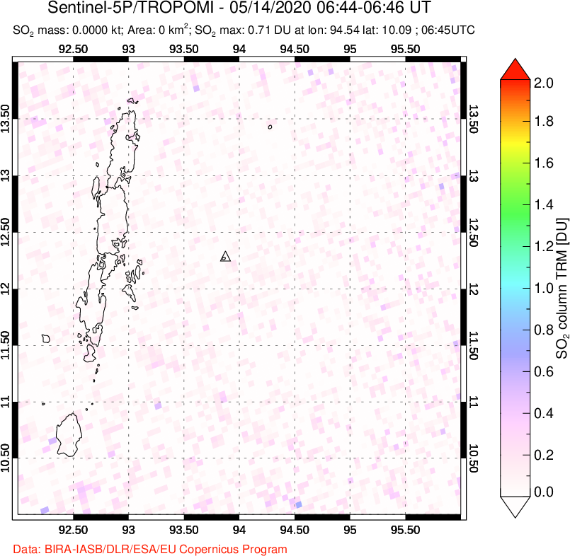 A sulfur dioxide image over Andaman Islands, Indian Ocean on May 14, 2020.