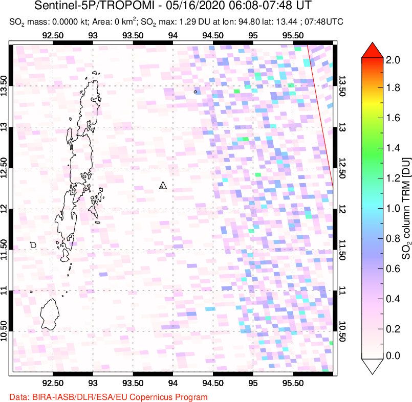 A sulfur dioxide image over Andaman Islands, Indian Ocean on May 16, 2020.