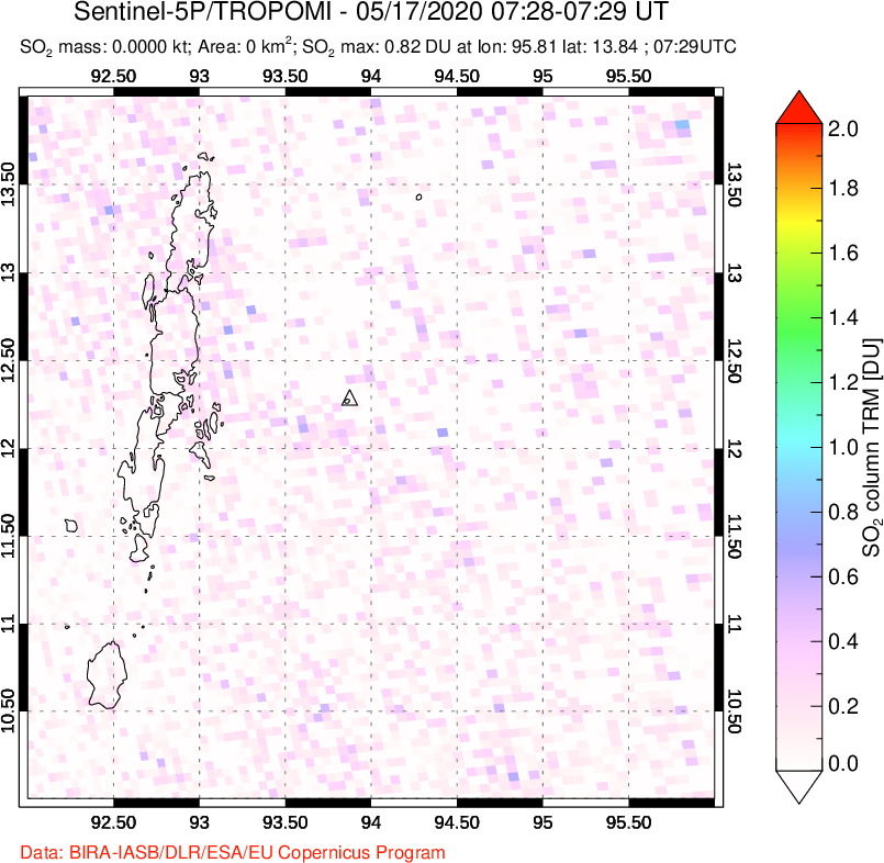 A sulfur dioxide image over Andaman Islands, Indian Ocean on May 17, 2020.
