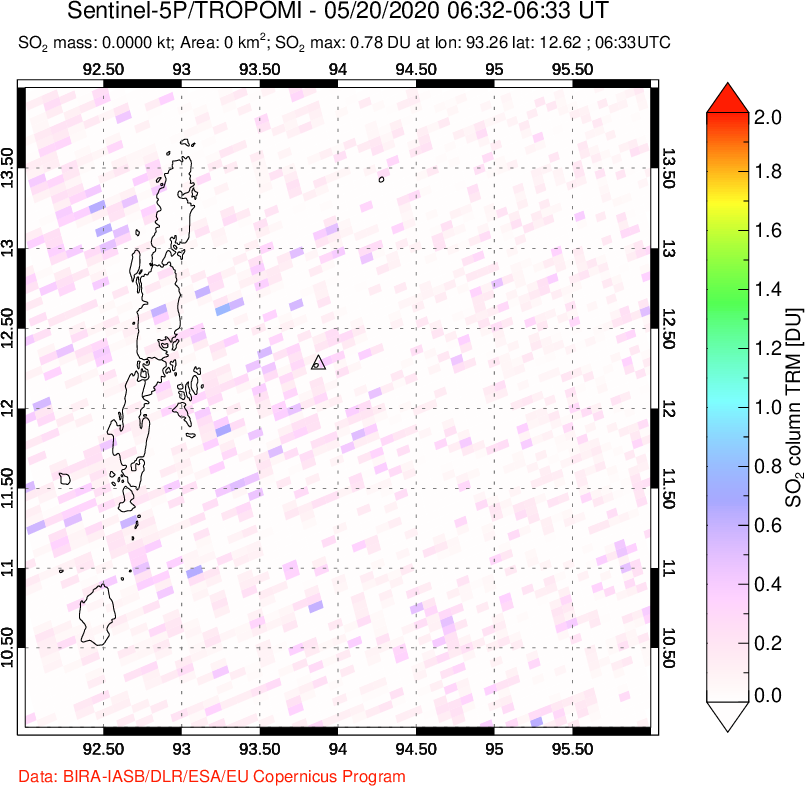 A sulfur dioxide image over Andaman Islands, Indian Ocean on May 20, 2020.
