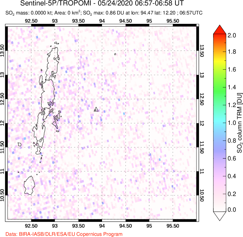 A sulfur dioxide image over Andaman Islands, Indian Ocean on May 24, 2020.