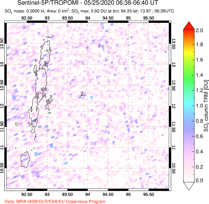 A sulfur dioxide image over Andaman Islands, Indian Ocean on May 25, 2020.