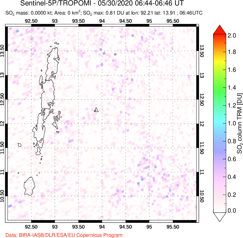 A sulfur dioxide image over Andaman Islands, Indian Ocean on May 30, 2020.