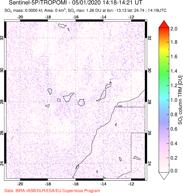 A sulfur dioxide image over Canary Islands on May 01, 2020.