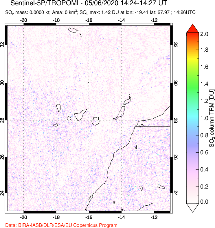 A sulfur dioxide image over Canary Islands on May 06, 2020.
